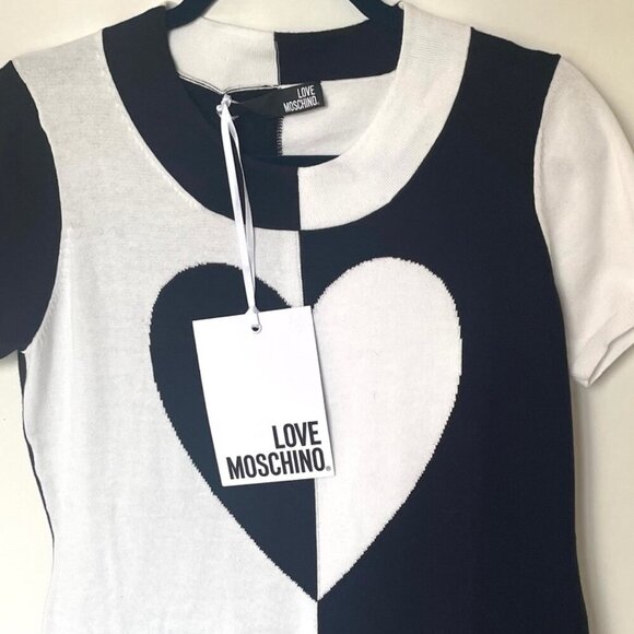 Love Moschino Mini Sweater Dress 8 Black Cotton Logo Black White Heart IT40 - Picture 5 of 9